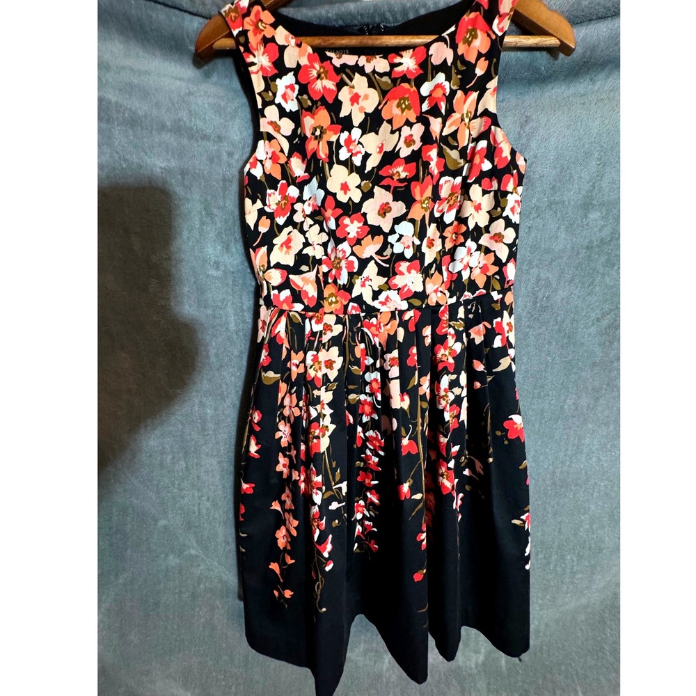 Talbots Petites Floral Fit and Flare Dress Black Coral Pink Sleeveless 2P